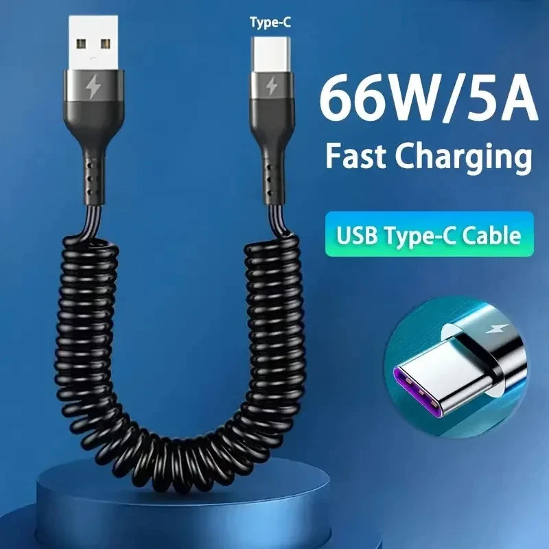 Spring Pull Telescopic Data Cable 5A 66W USB To Type-C/Dual Type-C Fast Charging Cable For  Car 1M 1.8M 2M For iphone17 Xiaomi17