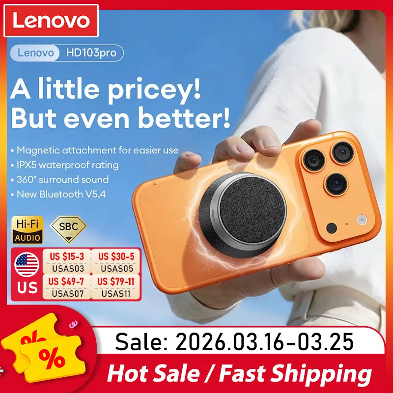 Lenovo HD103Pro Mini Magnetic Bluetooth V5.4 Speaker Portable Wireless Speaker 360° Surround Sound IPX5 Waterproof Phone Holder