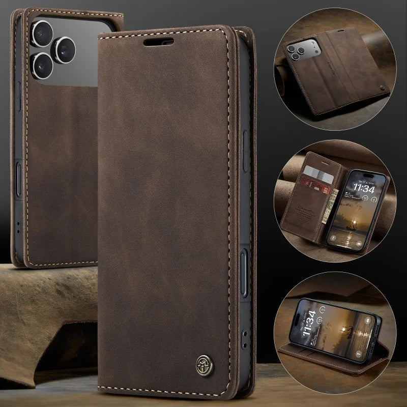 CaseMe Retro Magnetic Flip PU Leather Case for iPhone 17 Air 17 Pro 16 15 14 13 12 11 XS XR 8 7 6S 5 SE Wallet Cover Phone Coque