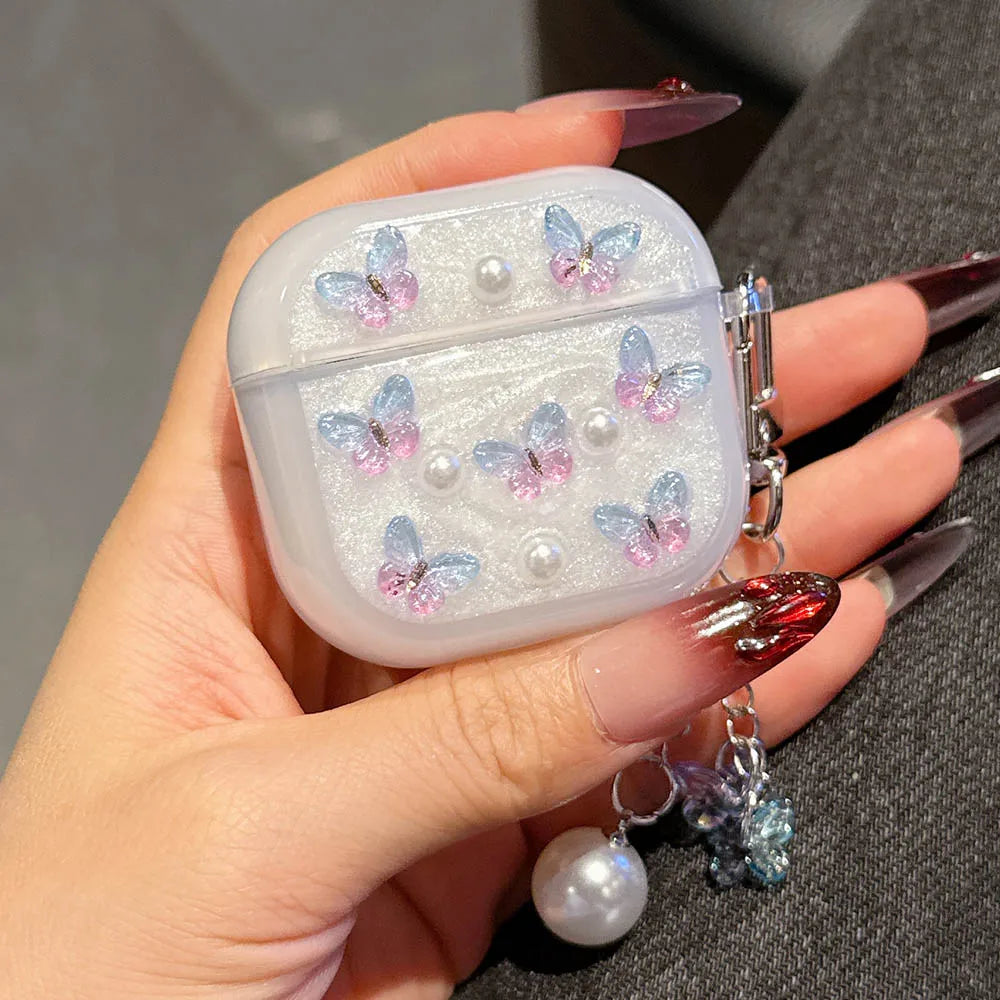 Bling Glitter Soft TPU Earphone Case with Keychain for Airpods Pro 2 Generation Air Pods 4 2024 3 2 1 3rd Gen 3D Butterfly Cover