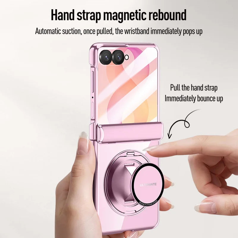 Premium Transparent Magnetic Snap-back Wristband Phone Case For Samsung Galaxy Z Flip 8 With Glass Screen Hinge Protection Cover