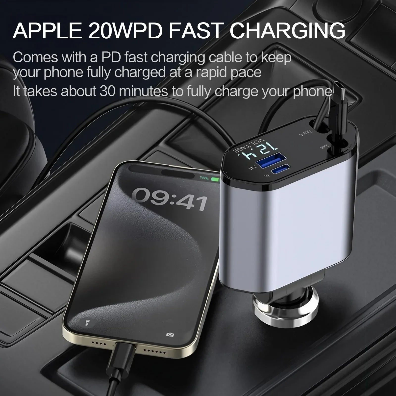4 in 1 Retractable Car Charger Fast Charging Car Charger  with USB Type-C Cable & 2 Type C Charging Ports, Universal Car Charger