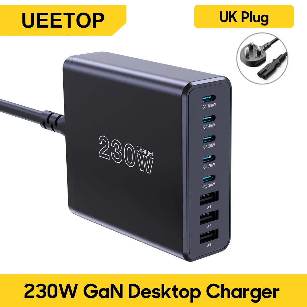 Ueetop 230W GaN USB C Charger Desktop Charging Station Multiple Port PPS PD 100W 65W 45W Fast Charge For Macbook iPhone Samsung