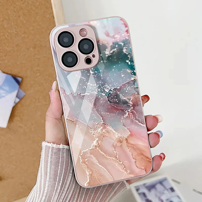 Tempered Glass Marble Stone Case For iPhone 11 Funda iPhone 16 17 16E 13 14 15 Pro Max 12 7 8 Plus SE 16promax 13promax Cover