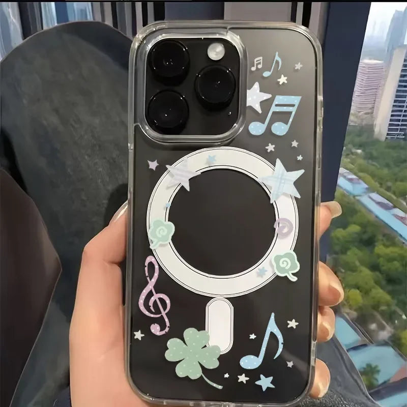 Music Notation Clover Stars For Magnetic Magsafe Phone Case For iPhone 16 15 14 13 12 11 Pro MAX 16e Plus 12 MINI Y2K Soft Cover