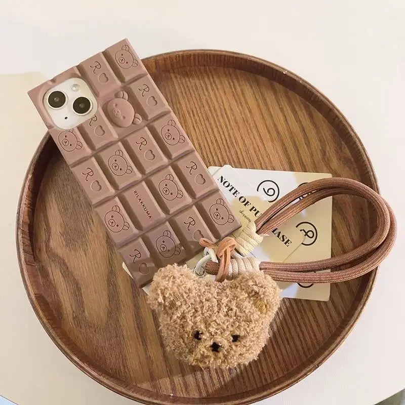 3D Chocolate Rilakkuma Phone Case For iPhone 17 16 Pro Max 15 14 Plus 13 12 11 Pro Max Soft Cover with Cute Bear Wrist Strap
