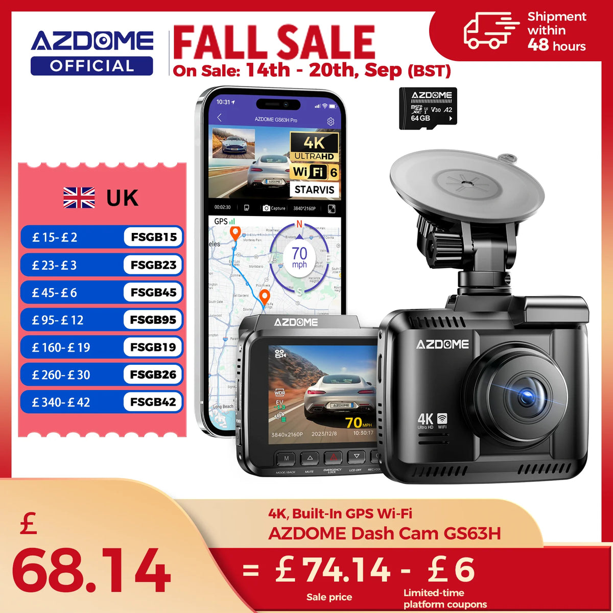 AZDOME Dash Cam GS63H 4K Built-In GPS Wi-Fi Dash Car Camera with Starvis 2.4" Screen WDR Night Vision Car DVR Parking Monito