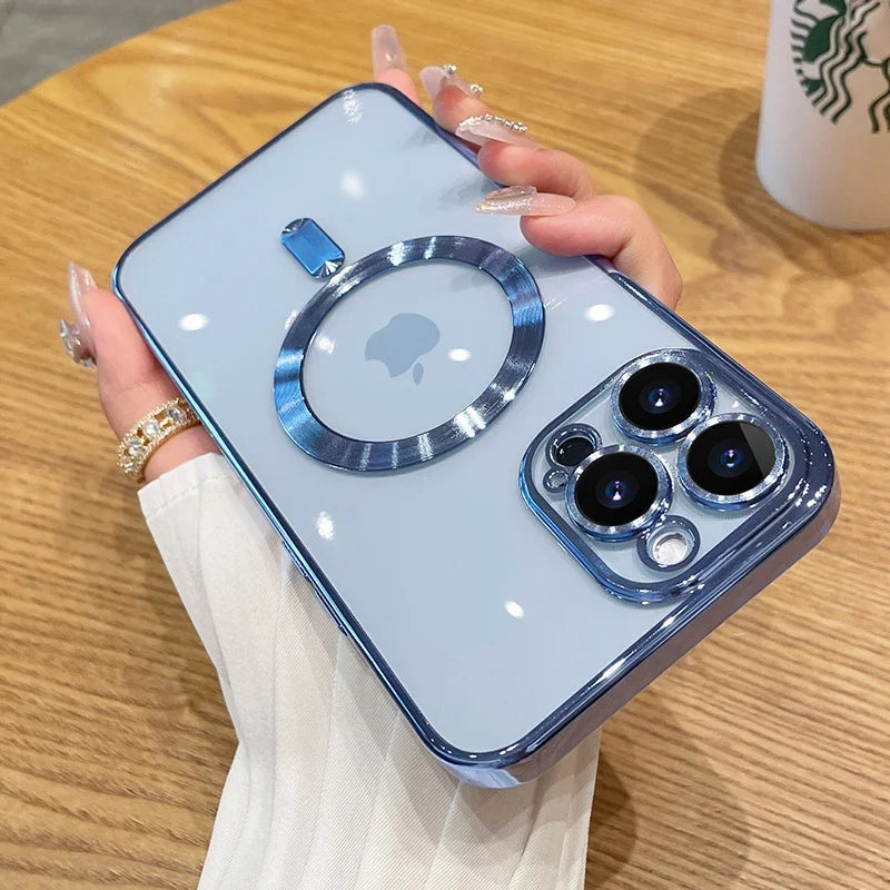 Magnetic Plating Case For iPhone 15 16 14 17 13 12 11 Pro Max Air Camera Lens Protector Glass For Magsafe Wireless Charger Cover