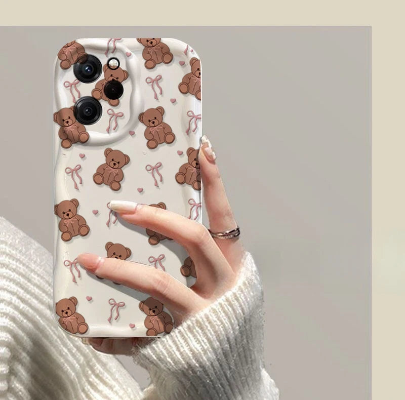 Cute Sweet Bow Bear Case For Samsung Galaxy S25 Ultra S22 S21 S20 Plus S21FE S20FE S25FE A31 Cartoon Silicone Wave Side Cover