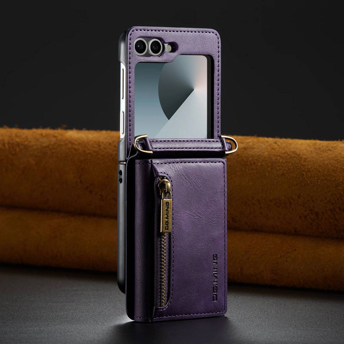 2 in 1 Luxury Leather Flip Phone Case For Samsung Galaxy Z Flip 8 7 6 5 4 3  Magnetic Wallet Card Solt Zipper Lanyard Cover ﻿