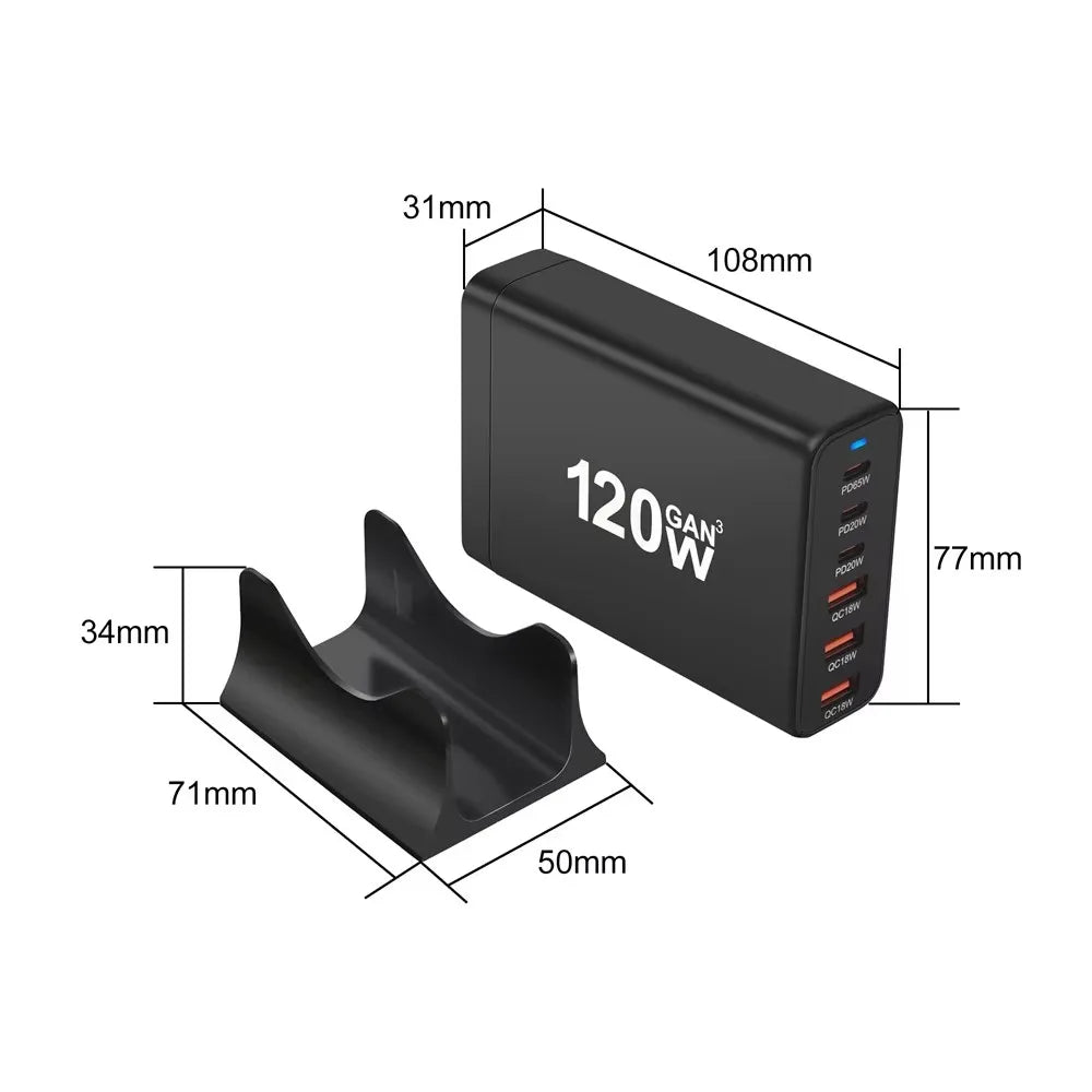 120W GAN Multi USB Charging Station 6-Port Hub Type-C Charger PD Fast Charging Smart Charger for iPhone Samsung Xiaomi