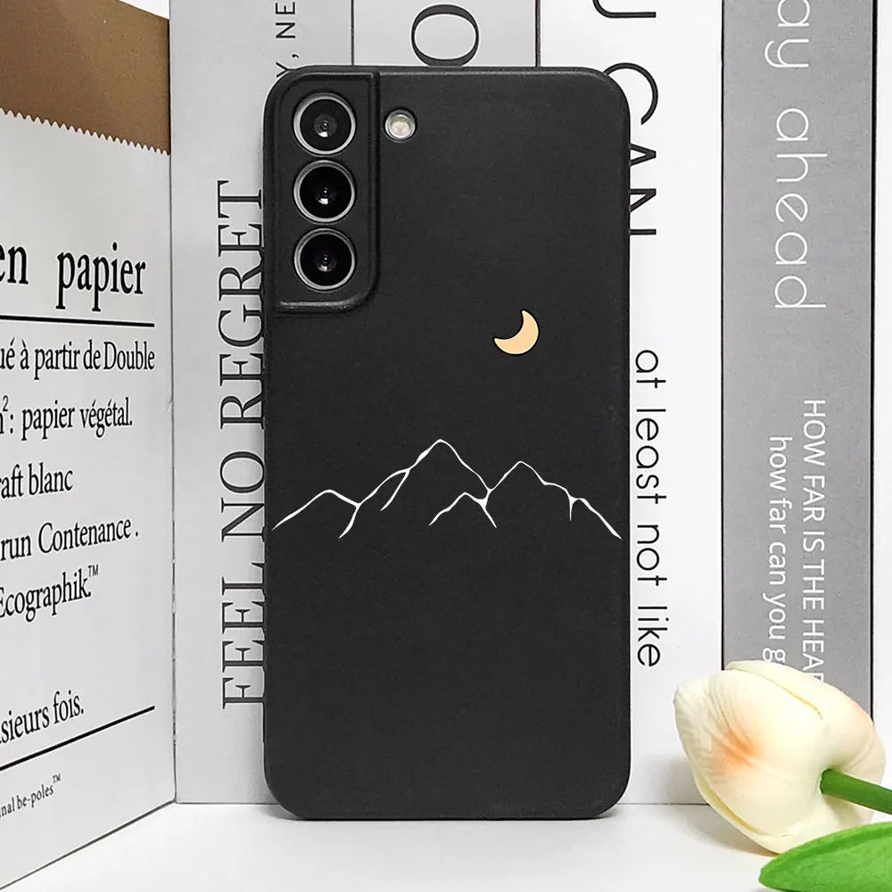 Simple Sun Moon Mountain Couples Painted Phone Case For Samsung Galaxy S23 S24 S25 Ultra S22 S21 S20 Plus FE A15 A54 A55 Cover