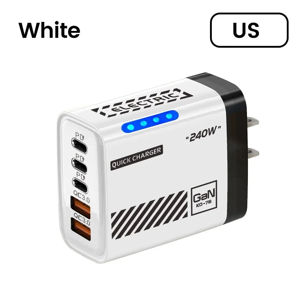 5 Port GaN USB C Charger 240W PD Fast Charging Adapter For iPhone 17 16 15 Pro Samsung Xiaomi Huawei Laptop Desktop PD Charger