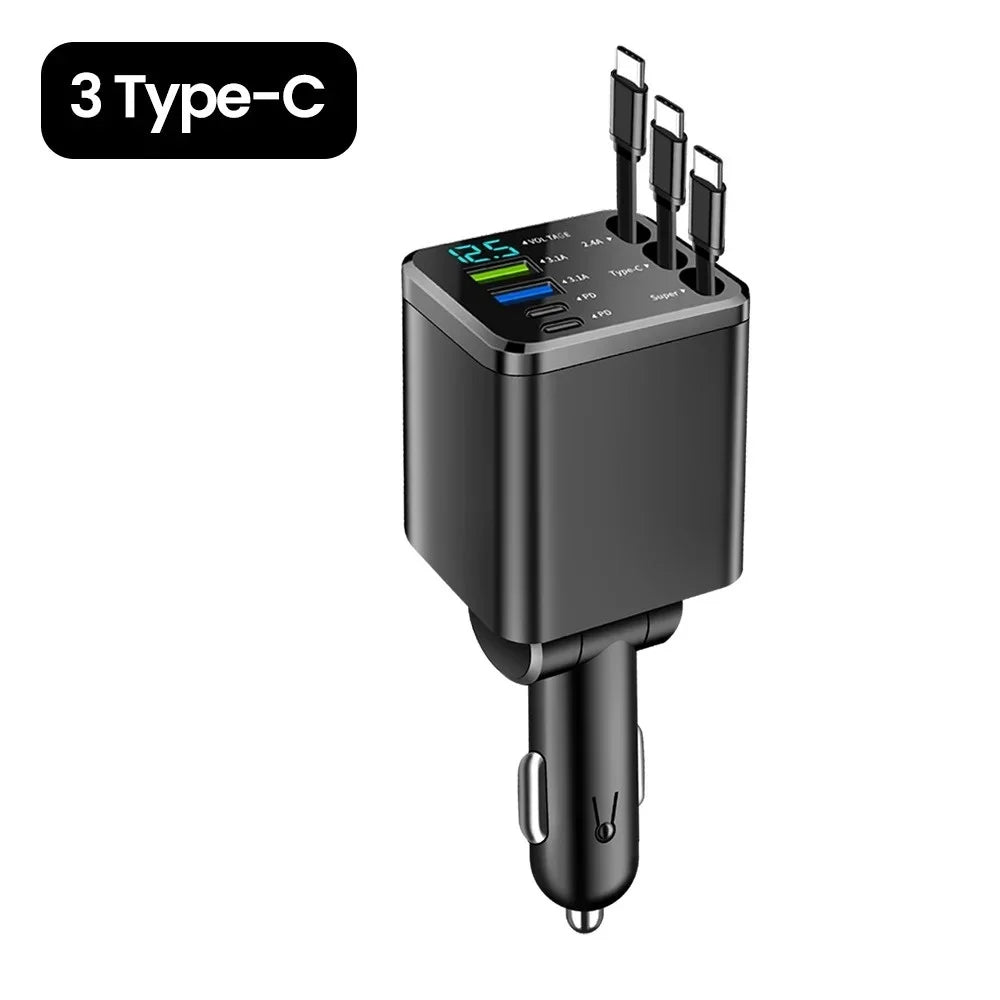 7 in 1 Car Charger Retractable USB C Cable Dual Type C Port Fast Charging Phone Adapter for iPhone Phone Car Cigarette Lighter