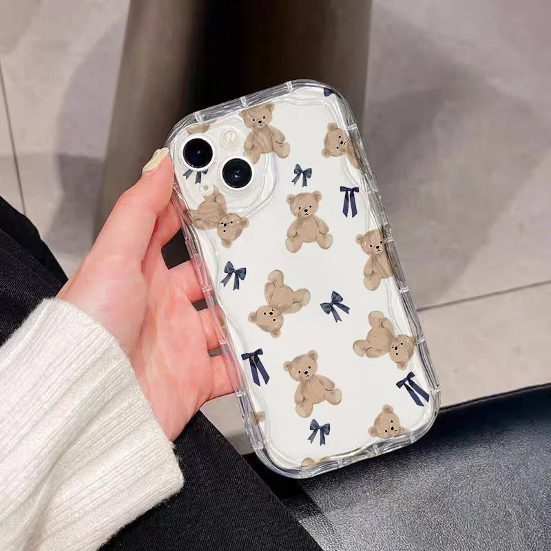 Cute Sweet Bow Bear Case For Samsung Galaxy S25 Ultra S22 S21 S20 Plus S21FE S20FE S25FE A31 Cartoon Silicone Wave Side Cover