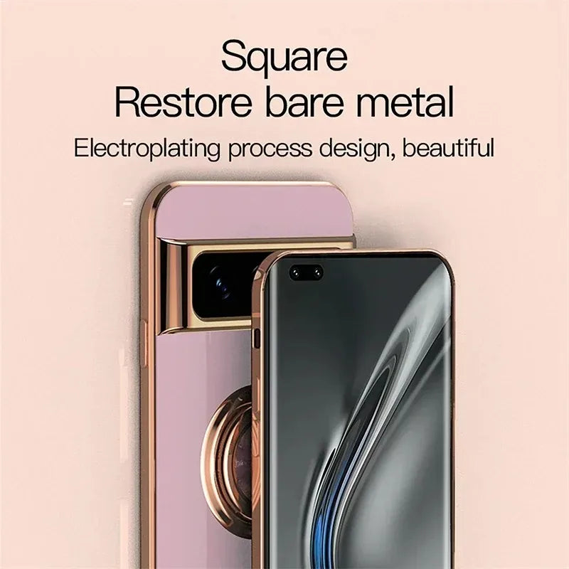 Stylish Plating Soft Silicon Shockproof Case for Google Pixel 10 9 8 7 Pro XL 9A 8A 7A Car Magnetic Ring Bracket Protect Cover