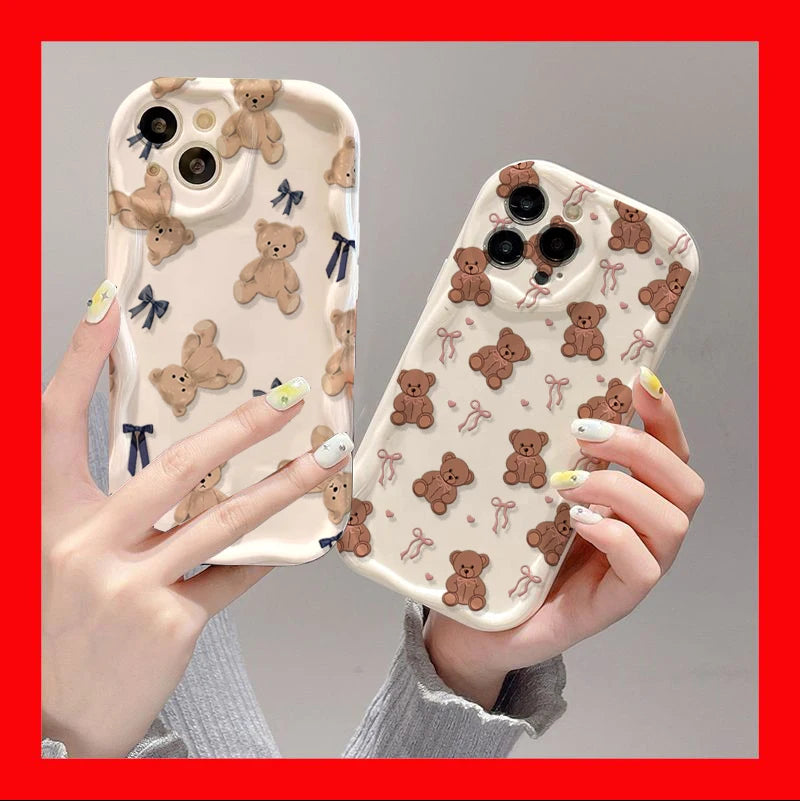 Cute Sweet Bow Bear Case For Samsung Galaxy S25 Ultra S22 S21 S20 Plus S21FE S20FE S25FE A31 Cartoon Silicone Wave Side Cover