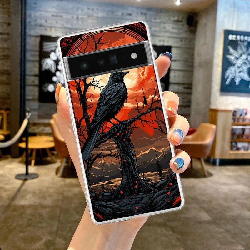Black Raven Phone Case Cover for Google Pixel 9 8 7 6 5 4 4XL Soft TPU 7A 6A 5A 4A 3A Pro XL 5G Transparent Shell Fundas Capas