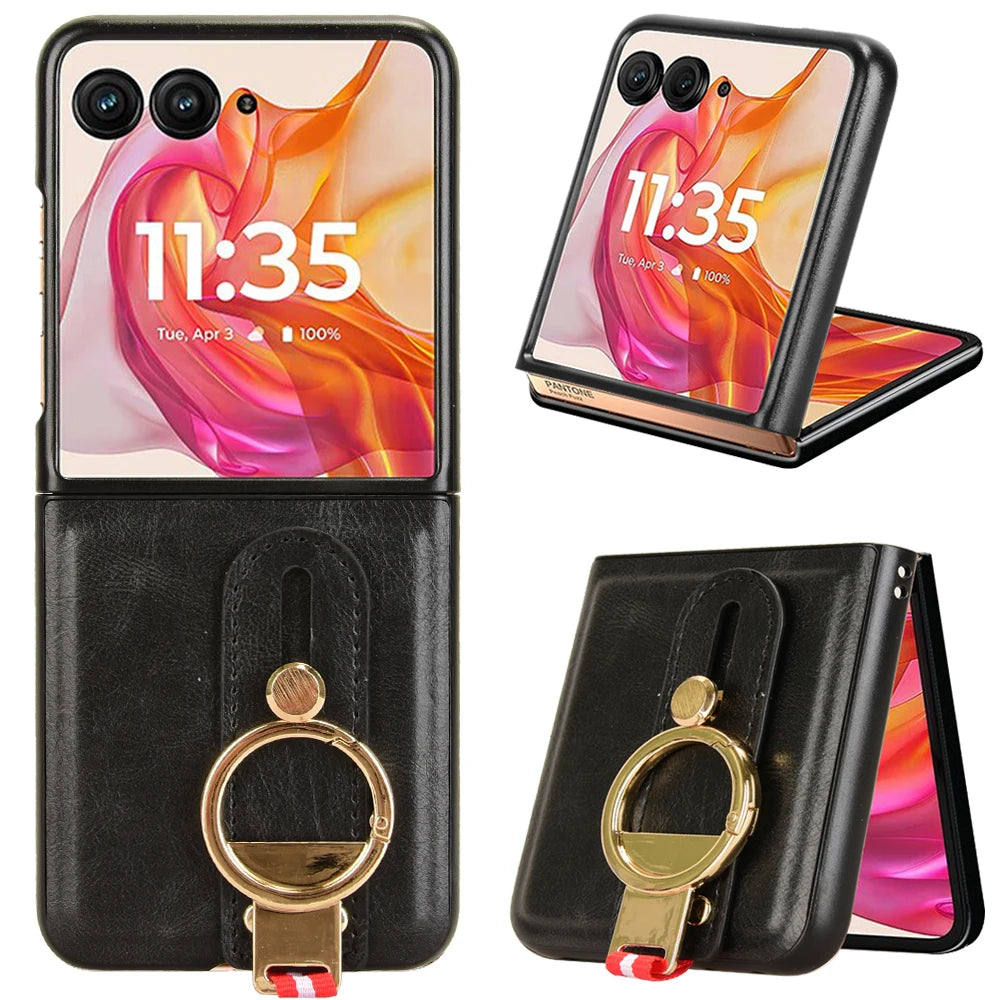 Luxury Wristband Leather Case for Motorola Razr 70 60 50 Ultra 2026 2025 2024 Moto Razr 40 Plus 2023 Cover Ring Opener Funda