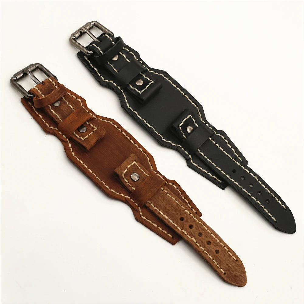 24mm Genuine Leather Watchband Handmade Stitched Pin Belt Punk Vintage WatchStrap Homme Men Jewelry