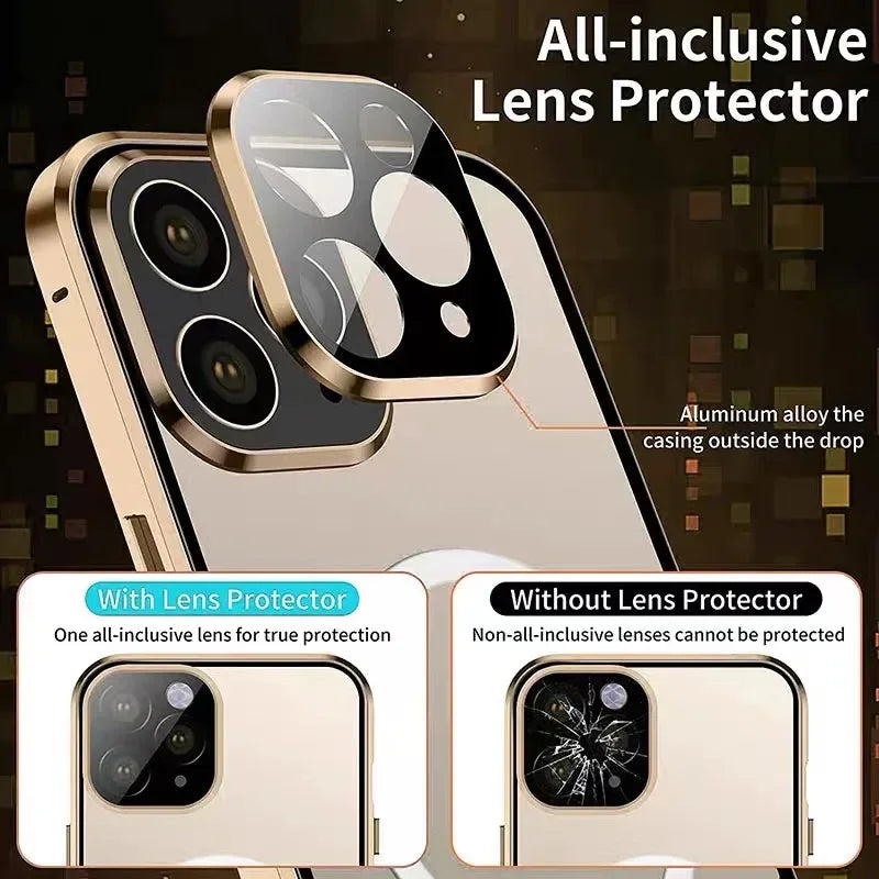 Metal Magnetic Case For Magsafe iPhone 17 Pro Max 16 15 14 13 12 Pro Max Plus Lens Protection Double Sided Glass Snap Lock Cover