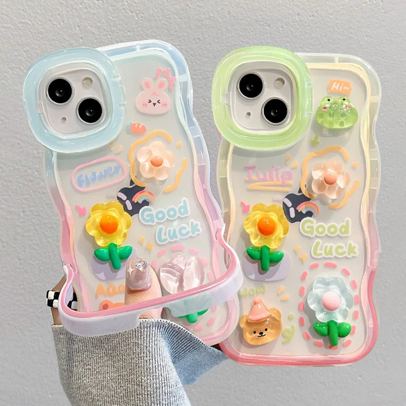 Flower Bracelet Chain Phone Holder Case For iPhone 16 17 15 14 13 12 11 Pro Max XS Max XR 3D Frog Rabbit Bracket Stand Cover