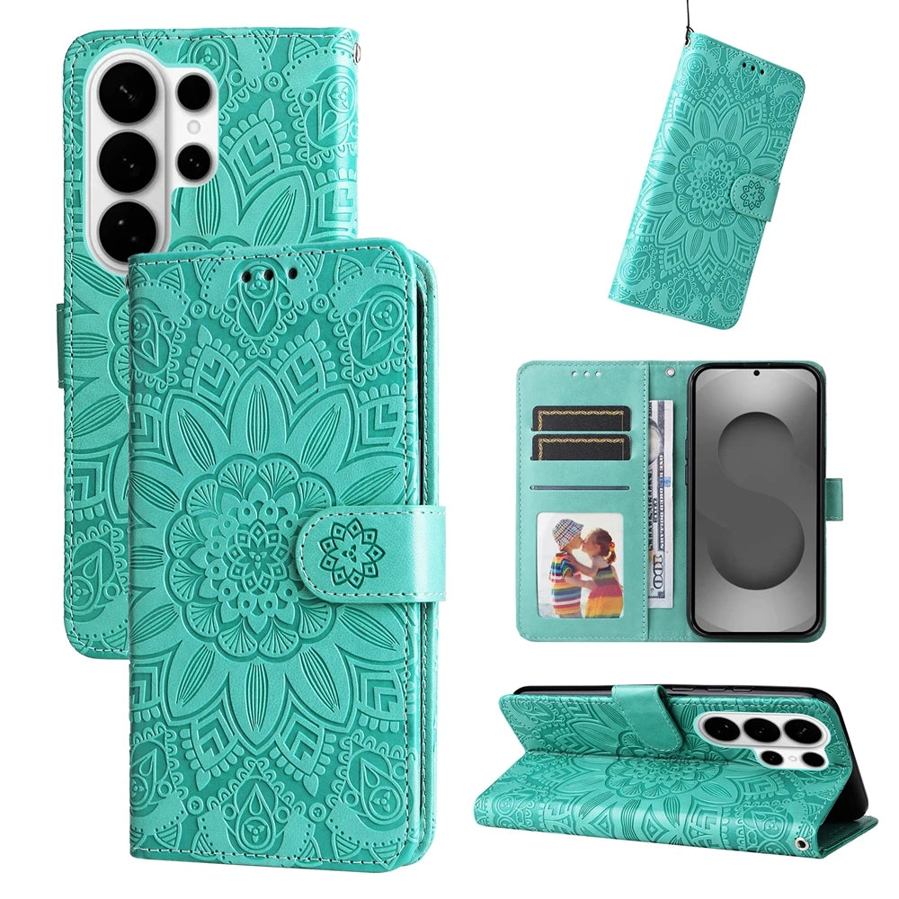 Magnetic Leather Wallet Flip Case for Samsung Galaxy S26 S25 Edge S24 S23 S22 S21 S20 S10 S10e S9 S8 Plus FE A07 Cover Sunflower
