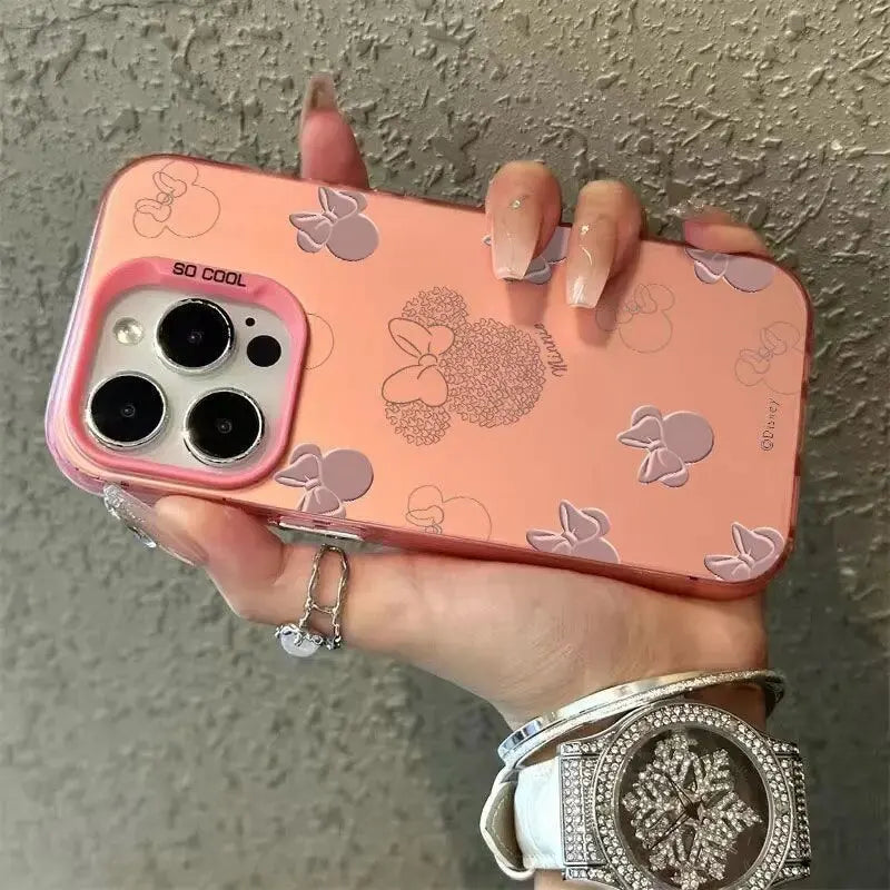 Disney Mickey Minnie Mouse Head Phone Case For IPhone 14 15 16 17 Pro Max Plus 12 13 Mini 16E Casing Hard IMD Silver Laser Cover