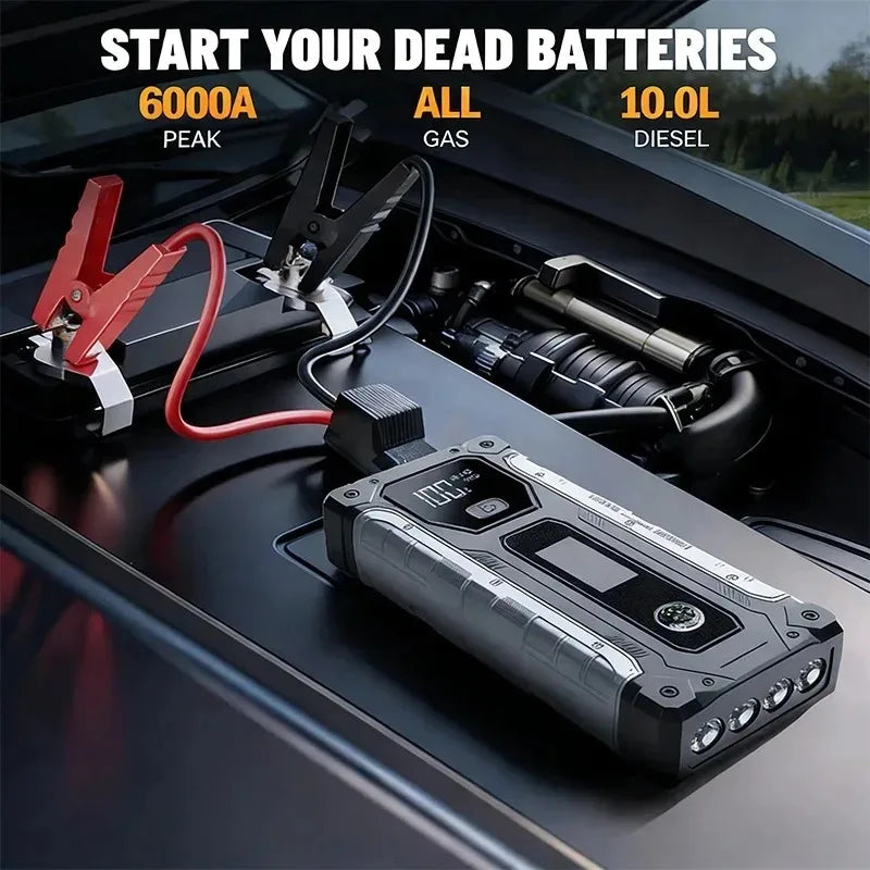 6000A Car Jump Starter Power Bank 12V – Emergency Booster for SUV, Truck, Petrol & Diesel with LED Flashlight & Dual USB Charger