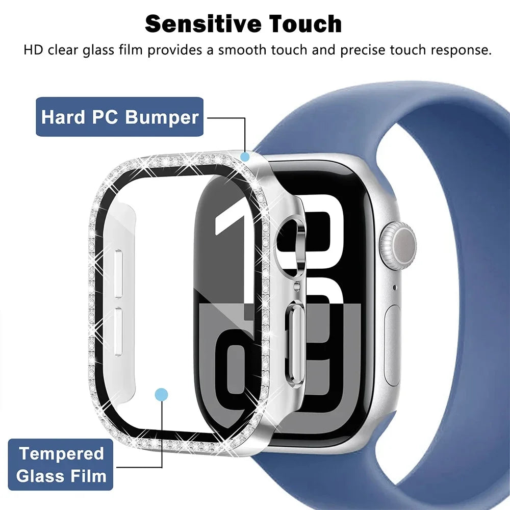 Diamond Bands+cover for apple watch case series 10 42mm 46mm 41/45mm bracelet+Screen Protector+Bumper iWatch 9 8 7 6 5 4 40/44mm