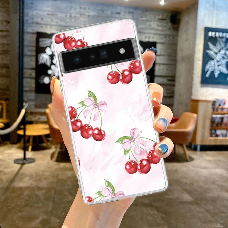 Cute Cherry Bow Phone Case For Google Pixel 9 8 7 6 Pro XL 8A 7A 6A 5 4 5A 4A 3A XL 5G soft Silicone Clear TPU Cover