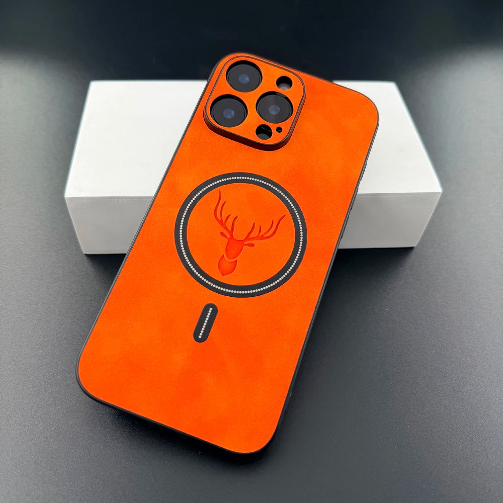 Luxury PU Leather Deer Case For iPhone 17 Air 16 15 14 13 12 11 Pro Max Plus 16E 15Pro 14Pro 13Pro Magsafe Wireless Charge Cover