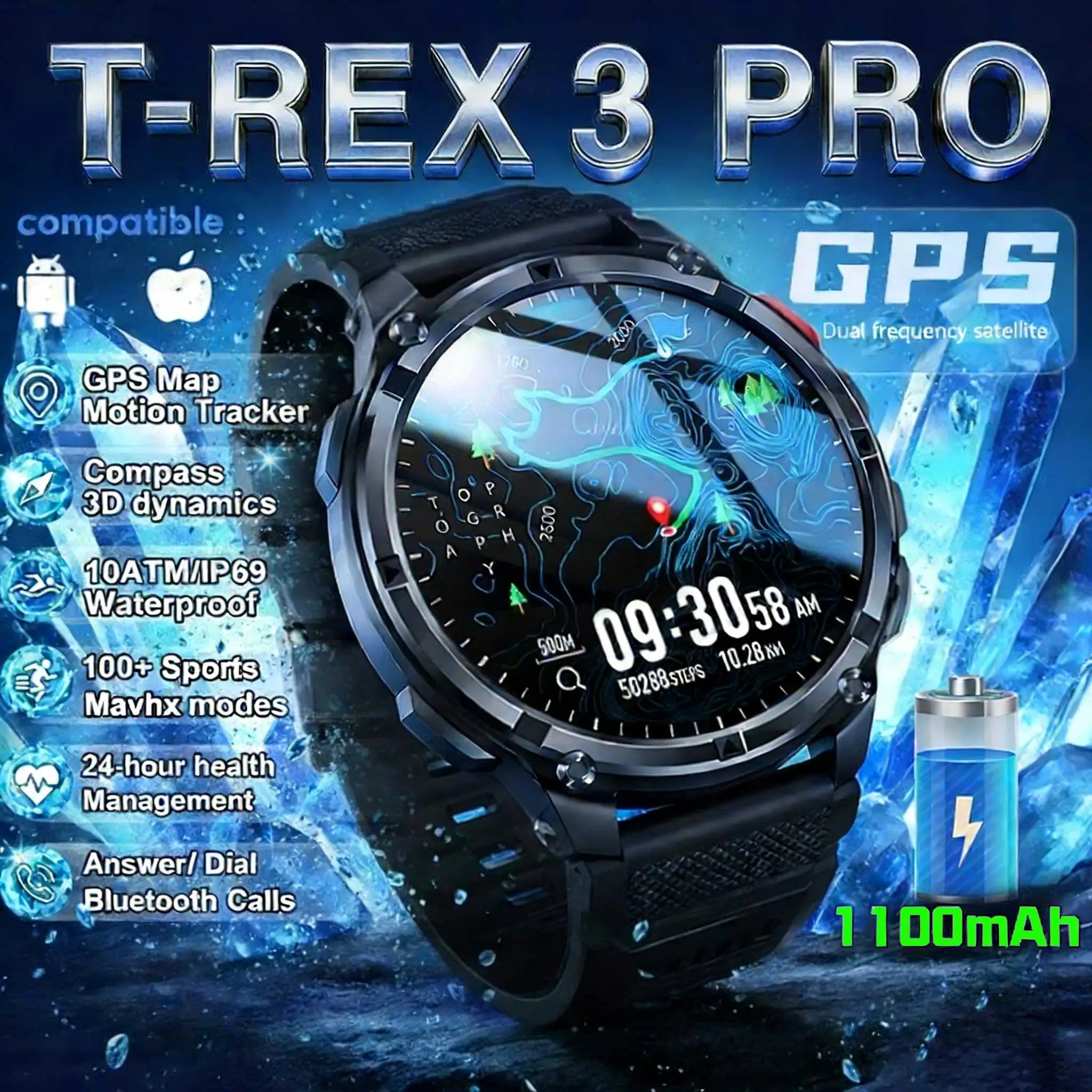 2026 New T-Rex3 Pro GPS Sports 1100mAh Smartwatch Men 120-Day Standby Clock Rugged Outdoor Sport 10ATM Waterproof Call Watches