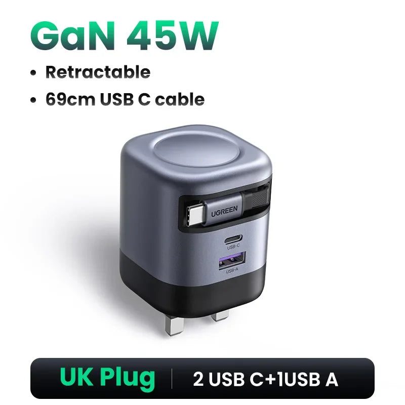 UGREEN 100W GaN Charger With Retractable USB C Cable UFCS PPS PD Fast Charger For Laptop Macbook Pro iPad Tablet iPhone Samsung