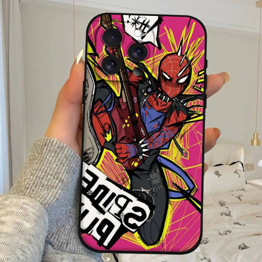 S-Spiderman Punk Style Phone Case For IPhone 1716 15 14 13 Pro Max 11 12 Mini X Xs XR Black Silicone Cover