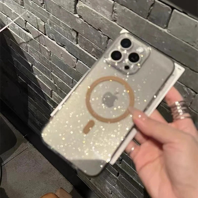 Luxury Glitter For Magsafe Transparent Case For iPhone 13 14 15 16 17 Pro Max Air Plus Magnetic Wireless Charge Soft Bling Cover