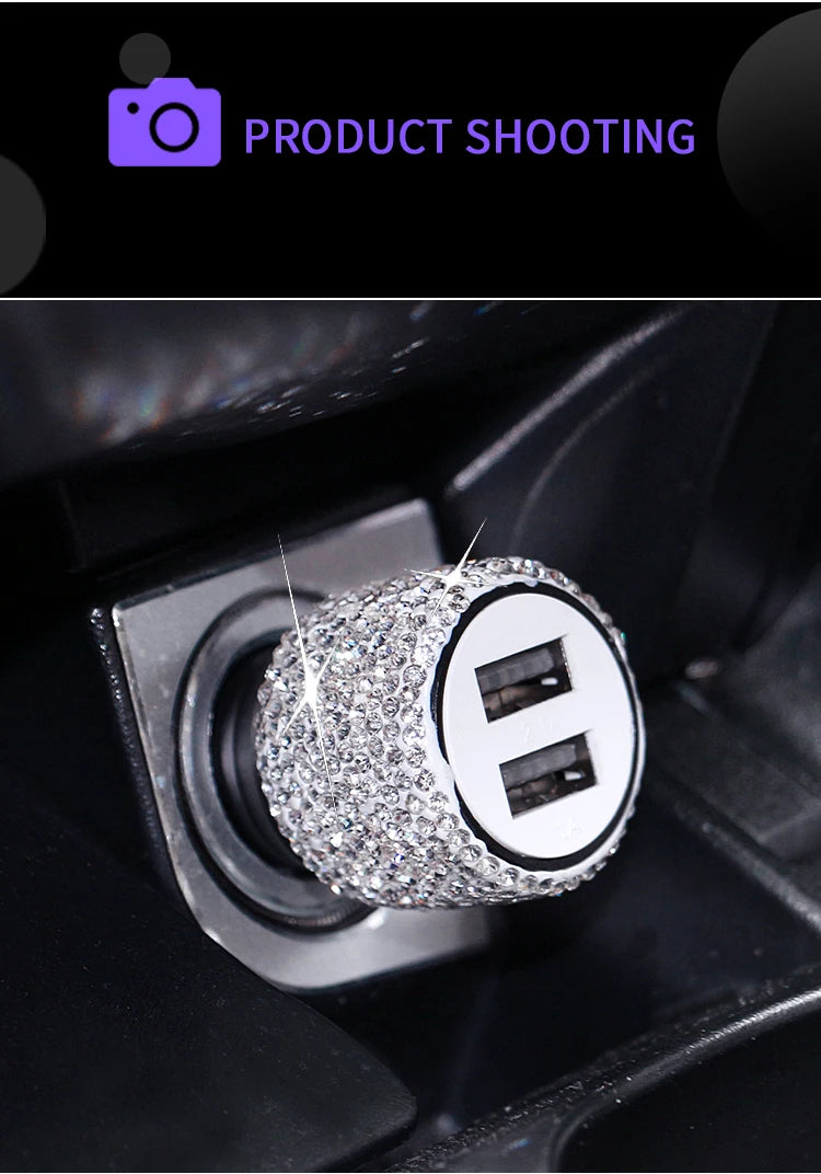 Car Dual USB Charger Port Fast Adapter Car Accessories Interior for Woman Car Bling USB Styling Diamond Car Accessories Interior