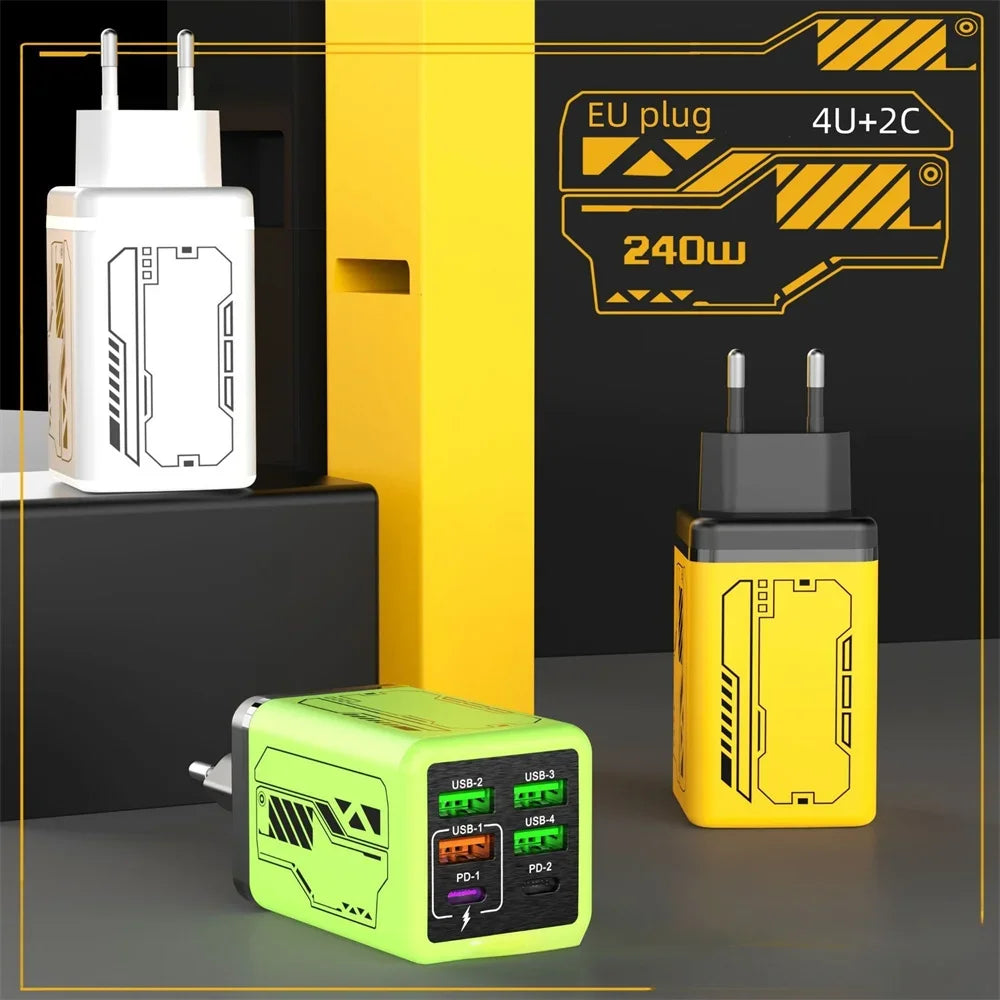 6 in 1 240W Type C Charger PD Fast Charging Phone Power Adapter For iPhone Samsung Xiaomi EU/US Plug Quick Charge Wall Charger