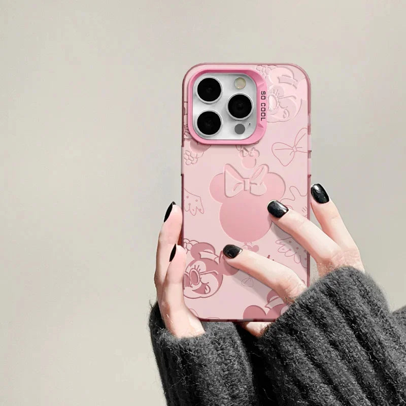 Disney Mickey Minnie Mouse Head Phone Case For IPhone 14 15 16 17 Pro Max Plus 12 13 Mini 16E Casing Hard IMD Silver Laser Cover