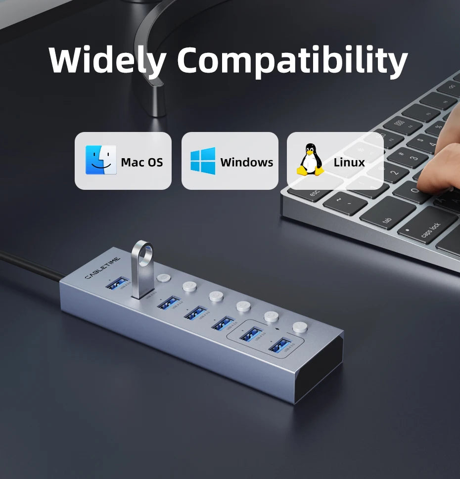 CABLETIME USB 3.0 HUB 5Gbps Dock Station 7-Port USB3.0 Splitter with Individual OFF/ON Switch for PC Laptop USB Ports Extender