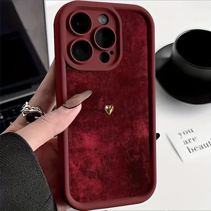 Burgundy Suede With Golden Heart Pattern TPU Case For Samsung Galaxy S25 S24 S23 S22 S21 S20 FE Plus Ultra A15 A35 A54 A55 Cover