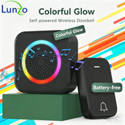 LUNZO Self Powered Wireless Doorbell 2026 350M Long Range Colorful Light No Battery IP44 Waterproof Smart Door Bell Chime