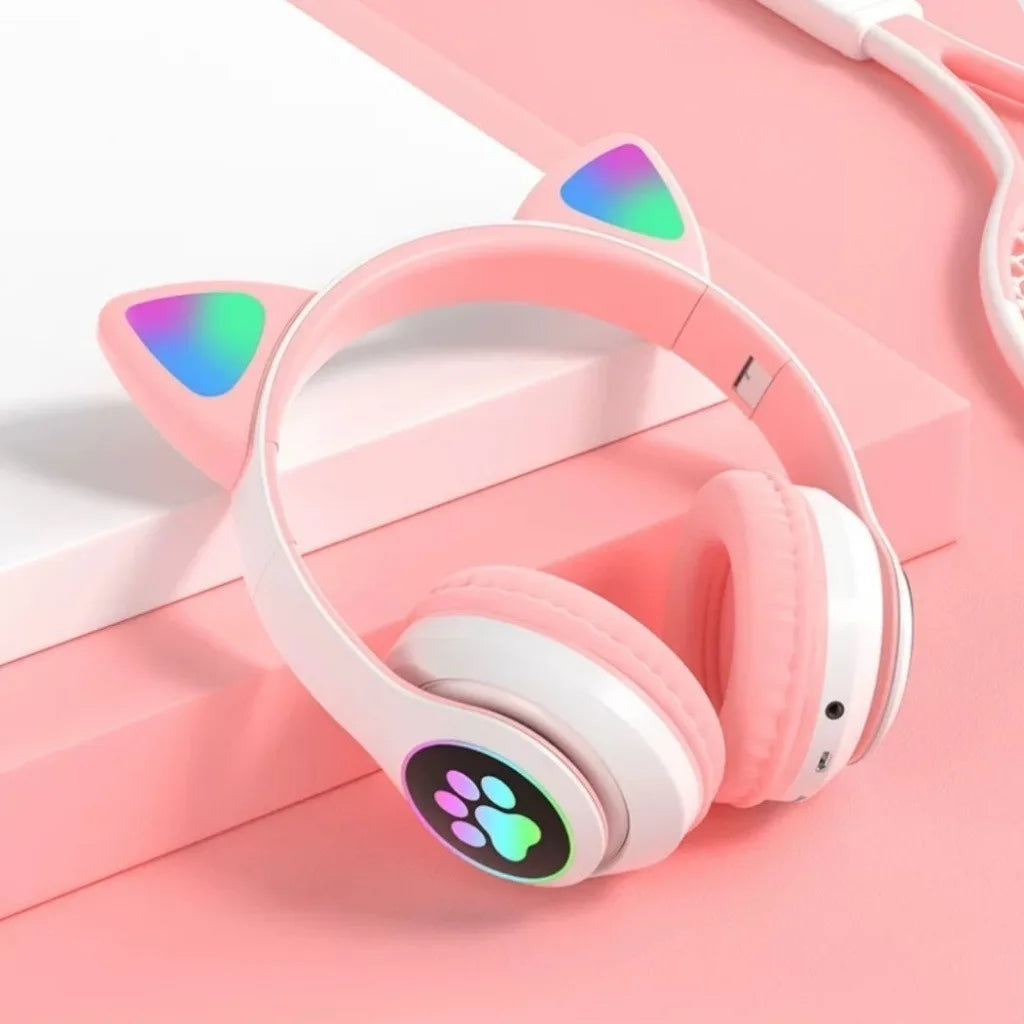 STN-28 Earphones Bluetooth 5.0 Cute Cat Ear Light Up Wireless Over-Ear Headphones High Quality Earbuds Compatible with Multiple