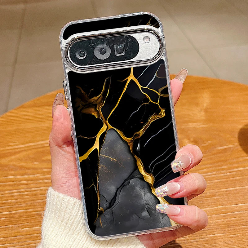 Colored Marble Print Phone Case For Google Pixel 10 9 Pro XL 10 9 8 7 Pro 9A 8A 7A Shockproof Plating Soft TPU Transparent Cover