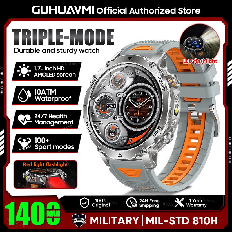 2026 New TANK Ultra 1400mAh Battery Military Smart Watch 10ATM Waterproof Heart Rate Tactical LED Flashlight Men Sports Bracelet