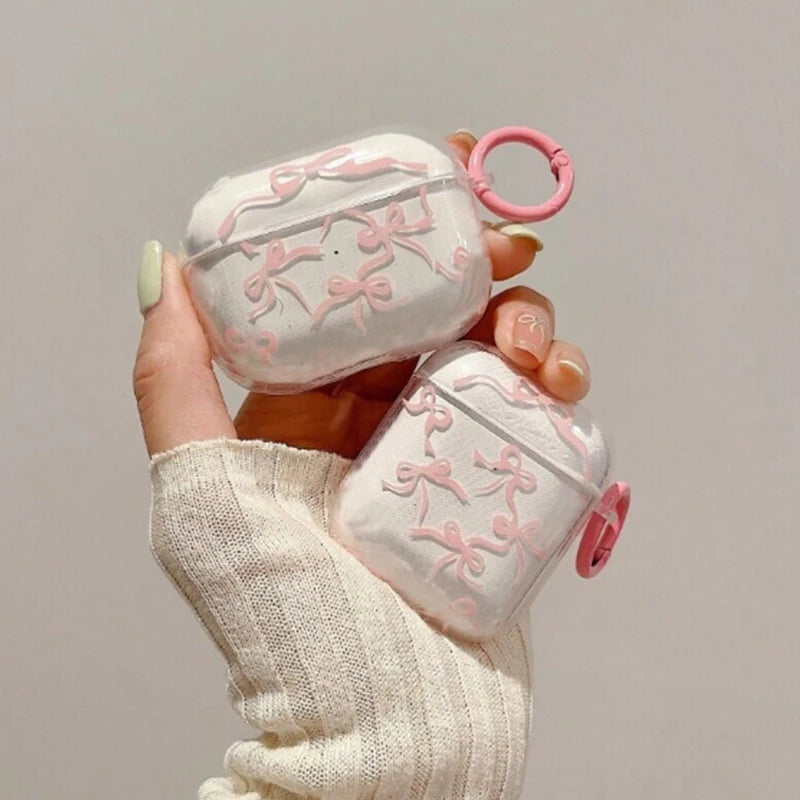 INS Korea Pink Bow Knot Headset Case For Airpods 4 Cover Shockproof For Airpod Pro 2nd 3 2 1 Charging Box Fundas With Keychain