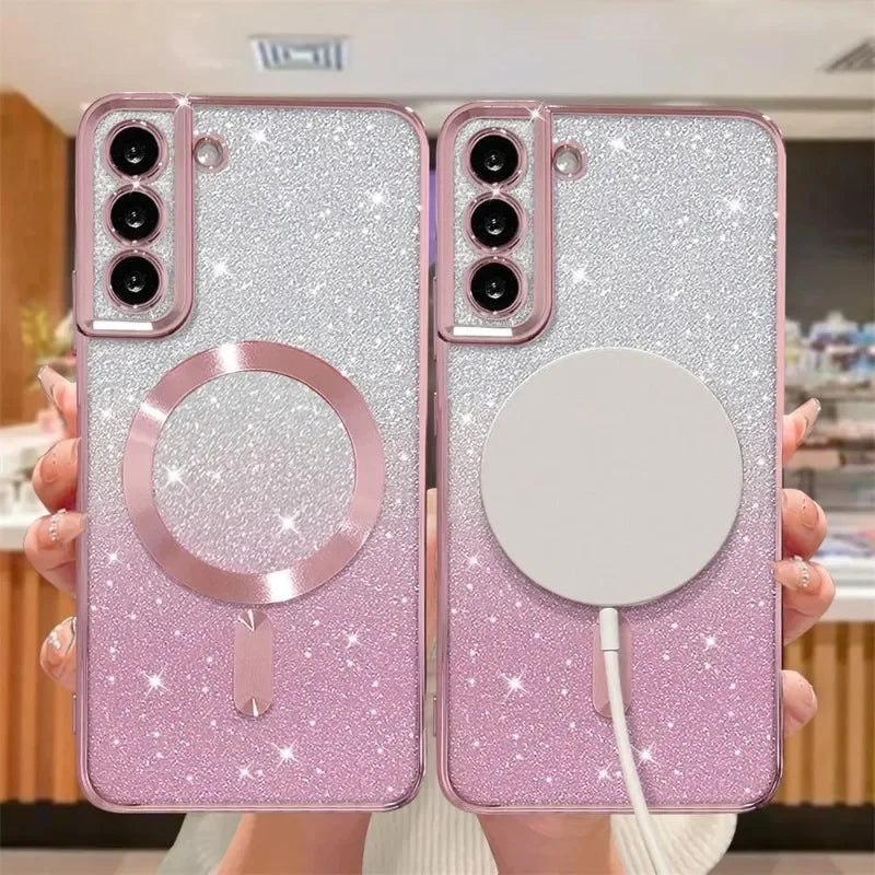 Glitter Magnetic Case For Samsung Galaxy S26 S24 Ultra S23 S22 S21 Plus S20 FE A56 A55 A36 Plating Wireless MagSafe Bright Cover