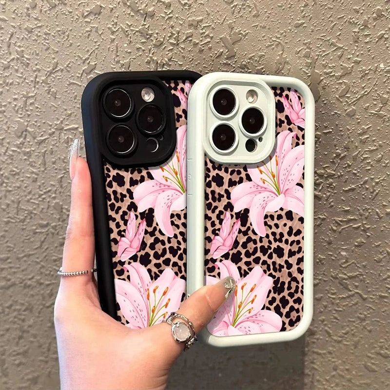 Pink Lily Flower Leopard Print Phone Case For iPhone 17 16 Pro Max 11 13 12 14 15 8 7 Plus XS XR X 16E 17E Shockproof TPU Cover