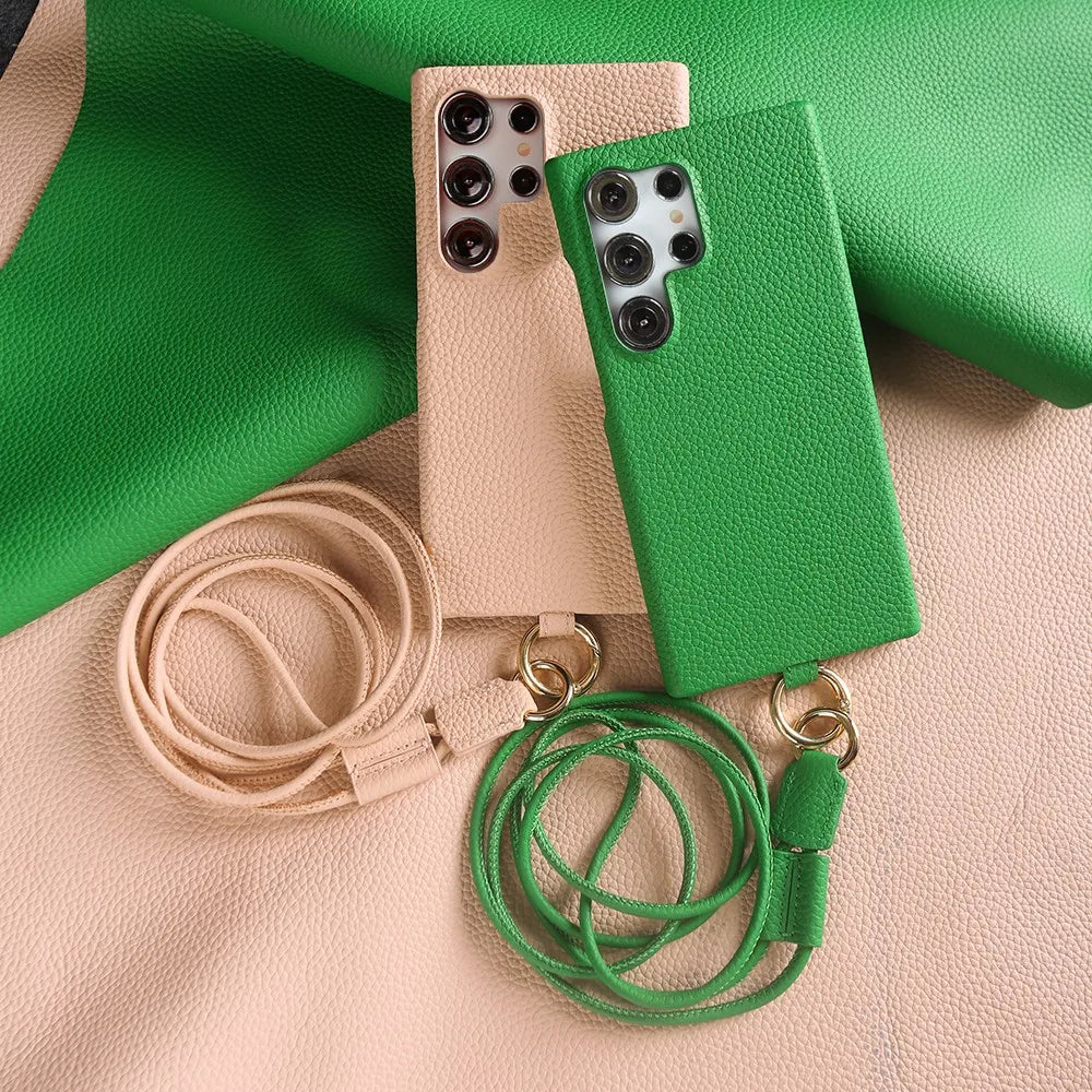 Luxury Cowhide Genuine Leather Case For Samsung Galaxy S26 Ultra S23 S22 S21 S26FE  Strap Crossbody Lanyard Phone Cover Coque