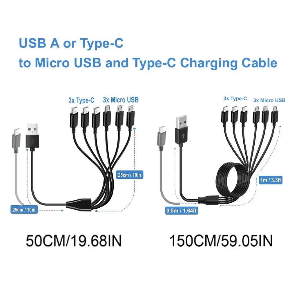 6 In 1 Micro USB/Type C Splitter Cable 3in1 USB to Micro USB/Type C Charging Cable For IPhone15 Android Samsung Tablet and More